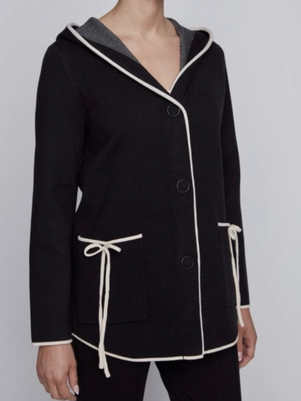Linea Domani -Black Hooded sweater coat with Cream Trim